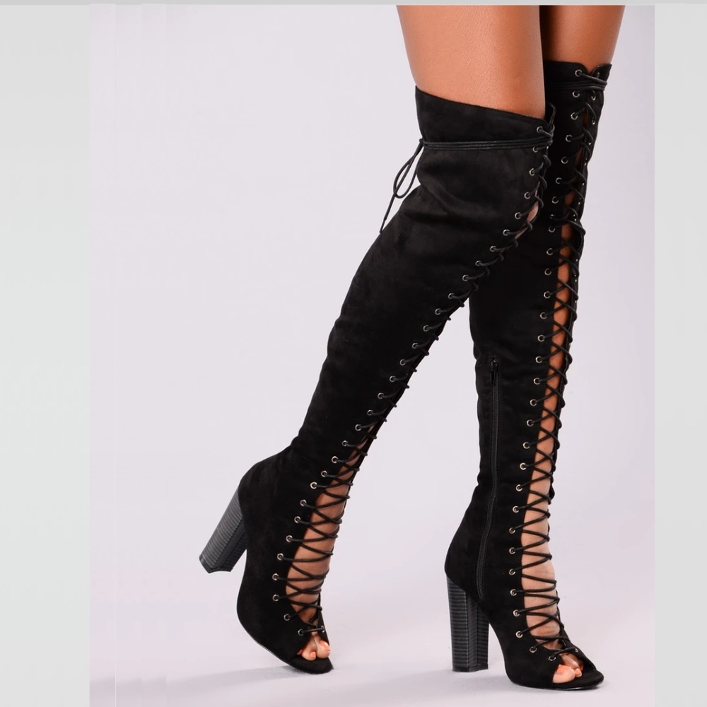Black Lace-up Open Toe Boots